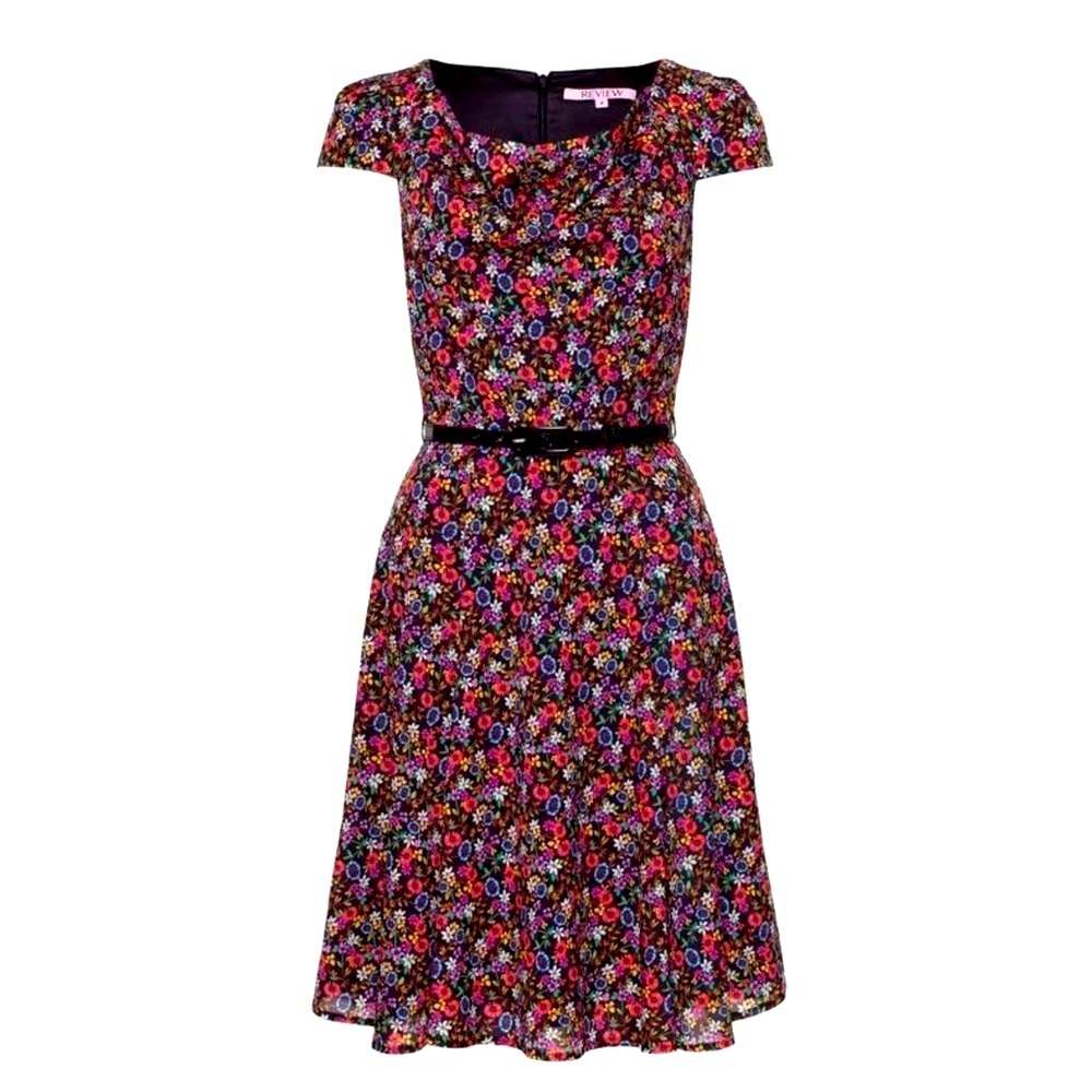 REVIEW Daisy Chain Black Floral Fit and Flare Midi Dress - Picture 1 of 14